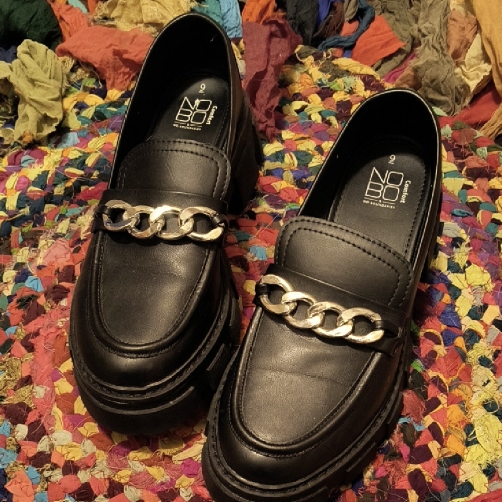 Black Loafers with Silver Chain